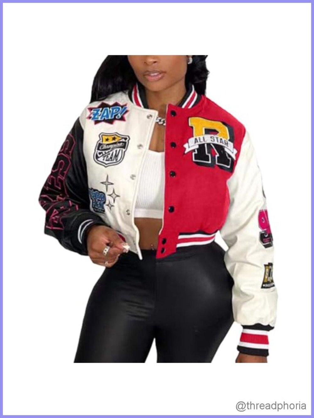 Womens Cropped Varsity Bomber Jacket Polyester Letterman Streetwear